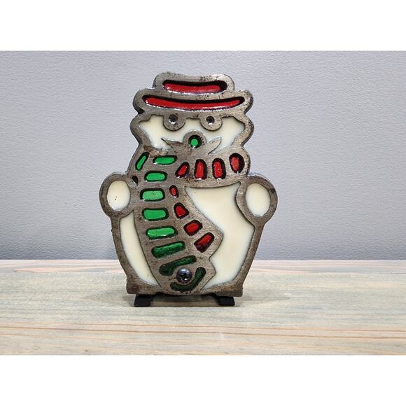 Vintage Cast Iron Snowman Stained Glass Tea Light Candle - Picture 1 of 4
